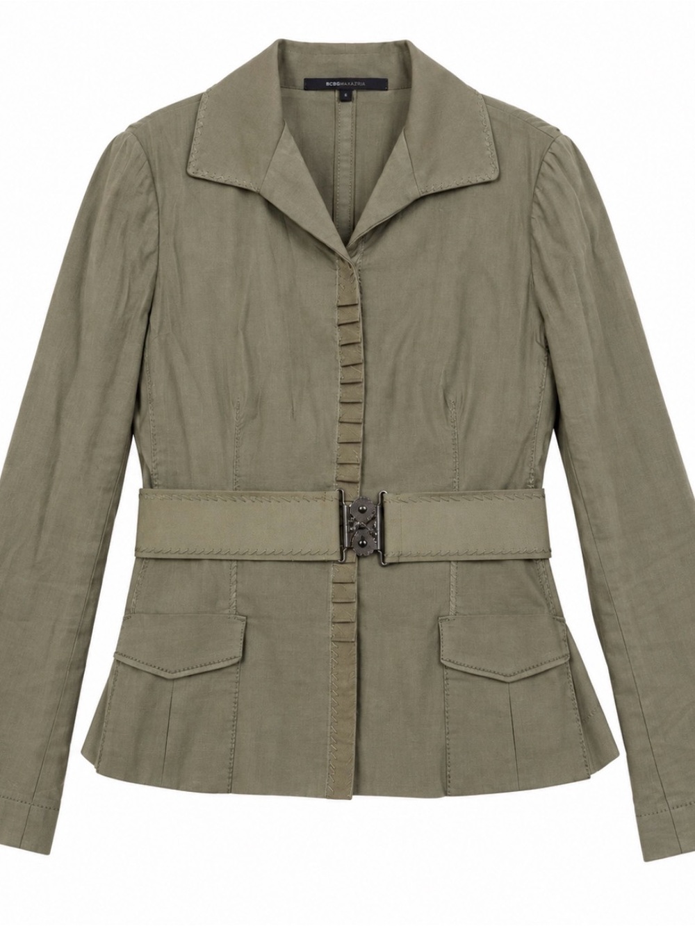 Elie Tahari linen blend khaki green belted utility jacket